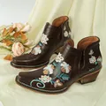 Vintage western embroidered square toe ankle boots with intricate floral pattern detail - 38 / Dark Brown