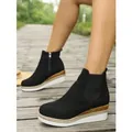 Stylish black suede wedge ankle boots with thick platform and round toe for women - 36 / Black