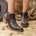 Elegant vintage brown embroidered chunky heel V-neck ankle boots for women in autumn winter - 35 / Dark Brown