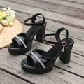 Black patent leather sandals with rhinestone straps and chunky high heels - 38 / Rhinestone Platform Block Heel Style (YD2605W094088) / Black