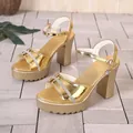 Elegant gold metallic platform sandals featuring chunky high heels and sparkling rhinestone straps - 38 / Rhinestone Platform Block Heel Style (YD2605W094088) / Gold