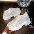 White platform sneakers featuring shimmering rhinestones and a chunky 6cm heel for women. - 35 / White