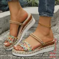 Detail showing colorful woven straps and 5.5cm wedge on stylish platform sandals - 38 / Colorful