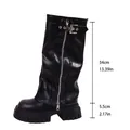 Detail view of black platform long boots with height measurements in cm and inches - 35 / Black