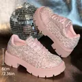 Sparkling pink rhinestone platform sneakers with a comfortable 6cm thick foam sole. - 35 / Pink