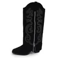 Detail view of black suede western knee-high boots with white embroidery and side zipper. - 36 / Black