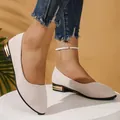 Detail of beige suede pointed-toe flats featuring stylish gold-accented square heels - 35 / Square Heel Pointed Toe Flats (A608) / Beige