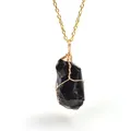 Natural black raw stone pendant necklace with handmade gold wire wrapping design - Obsidian (Wire Wrapped) / Gold