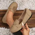 Beige women's stitched flat loafers with tassel detail, soft slip-on walking shoes - 38 / Khaki