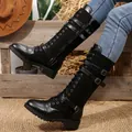 Schwarze kniehohe Ritterstiefel im Western-Stil mit Schnallen und Schnürung für Damen - 35 / Schwarzer Samt