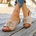 Women's beige wedge sandals with floral decoration, plus sizes 36-43, summer footwear - Beige