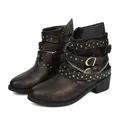 Vintage-Punk-Stil dunkelbraune Leder-Biker-Boots mit Nieten Schnallen und Ketten für Damen - 36 / Braun
