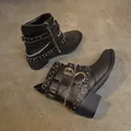 Punk style black chunky heel ankle boots with studs, buckles, and chains - 36 / Dark Brown