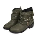 Olive green faux leather ankle boots featuring multiple buckles studs and chain detail - 36 / Dark Green