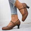 Classic retro brown Mary Jane pumps with round toe and elegant wine glass heels - 35 / Dark Brown