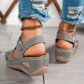 Casual grey platform wedge sandals featuring contrast stitching and adjustable straps - Gray