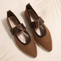 Close-up detail of brown knitted pointed-toe flat shoes with comfortable soft insole - Brown
