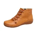 Side view of classic brown faux leather casual ankle boots for women with side zipper - 38 / Yellow