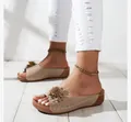 Beige platform wedge sandals for women with decorative flower and cutout details - 36 / Off White