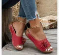 Red wedge sandals for women featuring open toe flower detail and thick platform sole - 36 / Red
