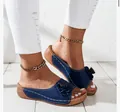Stylish navy blue wedge slippers with laser-cut hollow design and 3D flower decoration - Dark Blue