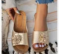 Elegant gold wedge beach slippers for women featuring large decorative 3D flowers - Gold