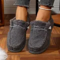 Detailed view of grey fuzzy warm loafers for women with decorative lacing and thick sole. - 36 / Gray