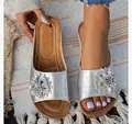 Elegant silver wedge platform slide sandals for women with 3D floral decoration - Silver