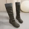 Olive green knee high Martin boots with knit cuff and buckle strap - Green