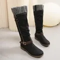 Stivali alti neri da donna con polsino in maglia grigio e fibbia decorativa - 36 / Nero