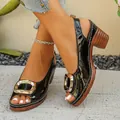 Black patent leather chunky heel peep-toe sandals with elegant gold metal buckle - 36 / Black