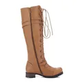 Side view of brown knee-high lace-up boots with decorative buckle and zipper detail - Yellow Brown