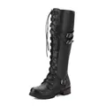 Side view of black knee-high knight boots with decorative buckles and front lacing. - Black
