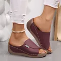 Elegant burgundy wedge peep toe slippers with white stitching and platform sole - Burgundy
