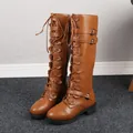 Brown lace-up knight boots with side buckles for women, flat heel design - 38 / Lace-up Style / Yellow