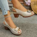 Beige patent leather peep-toe sandals with chunky heels and metal buckle - 36 / Off White