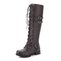 Bottes de moto marron foncé pour femmes avec lacets élégants et détails de boucles - 35 / Brun Foncé