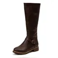 Vue détaillée des bottes cavalières marron foncé avec boucle décorative et fermeture éclair latérale - 36 / Brun Foncé