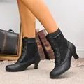Elegant black lace-up kitten heel ankle boots with lace hollow detailing for women. - 36 / Black