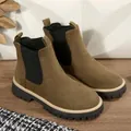Eleganti stivaletti Chelsea da donna in camoscio oliva con suola platform spessa - 36 / Verde militare