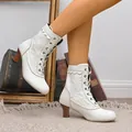 Elegant white lace-up kitten heel ankle boots with lace floral details - 36 / White