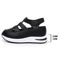 Black women's platform hollow breathable sandals with 3.5cm heel and velcro strap - Black