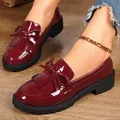 Burgundy patent leather loafers for women with bow and tassel detail on chunky sole - 36 / Red Tassel