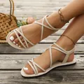 Sandali piatti beige alla moda con cinturini elastici per la spiaggia - 36 / Bianco avorio