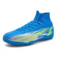 Professional blue high-top turf soccer shoes with knitted sock collar and lime flame patterns - 35 / Blue (Turf Spikes)