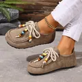 Vintage suede women's loafers with colorful bead accents and soft flat soles - 36 / Khaki