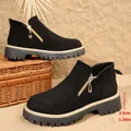 Classic black round toe ankle boots featuring side zipper and thick 3.5cm lug sole - Black