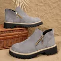 Stylish grey faux suede round toe ankle boots with side zipper and chunky lug sole - 36 / Gray