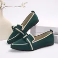 Detail view of dark green knitted pointed toe flats with elegant bow and beige trim - 36 / Dark Green