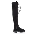 Side view of black lace-up over-the-knee boots featuring side zipper and flat lug sole - 35 / Black